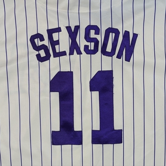 Majestic MLB Arizona D-Backs Men's XL Ivory Purple Pin-stripe #11 Sexson Jersey - Picture 9 of 16